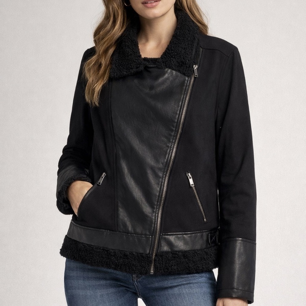 Rock & Republic Black Leather Jacket with Faux Fur Trim